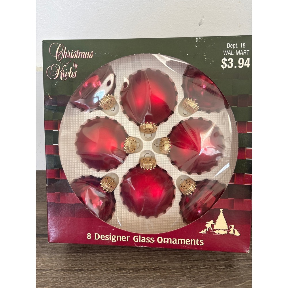 Vintage Christmas by Krebs Red Glass Ornaments Set of 8 Designer Scalloped USA